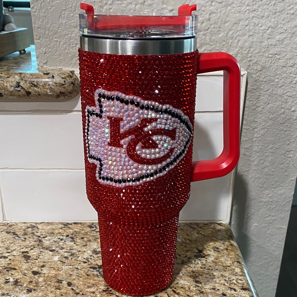 KC Red Rhinestone 40 oz Tumbler with Handle